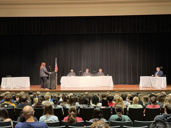 Judges sitting at bench watching attorney argue